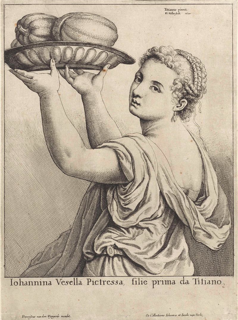 Gravura de Wenceslaus Hollar de Lavinia Vecellio, capturando sua expressão contemplativa e o jogo de luz.