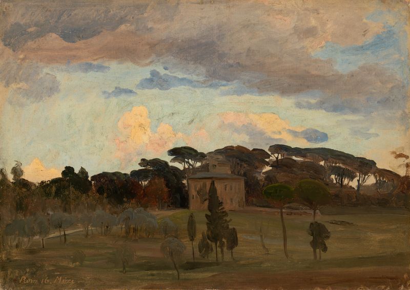 Pintura al óleo de Johann Wilhelm Schirmer que muestra la Casina di Raffaello en la naturaleza.