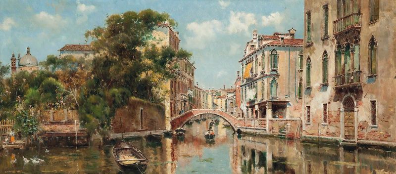 A gondolier near a Venetian bridge, oil on canvas by Antonio María de Reyna Manescau.