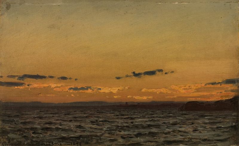 Før storm de Amaldus Nielsen, pintura al óleo que representa un paisaje con una tormenta inminente.