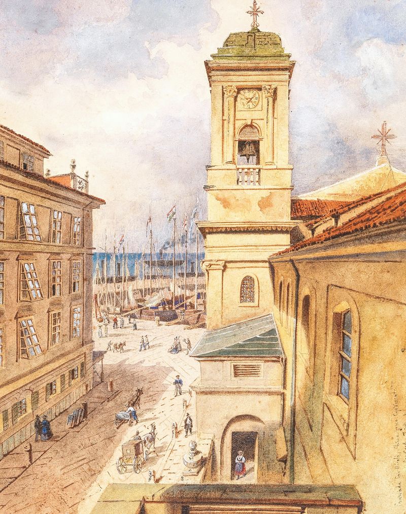 San Nicolò Trieste by Carlo Canella, oil on canvas depicting a church by the bay.