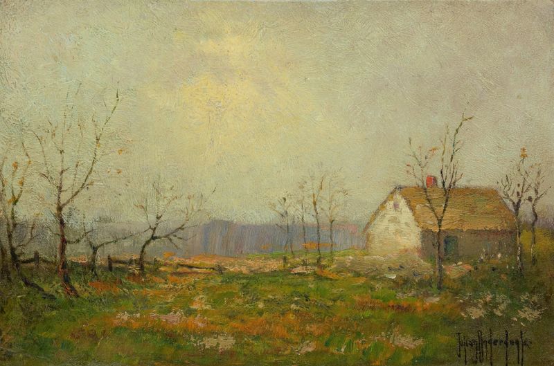 Landscape by Julian Onderdonk, oil on canvas depicting soft hills and tranquil colors.