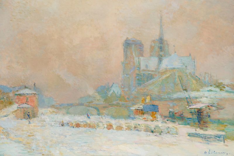 Snowy landscape with Notre Dame de Paris, oil on canvas by Albert Lebourg