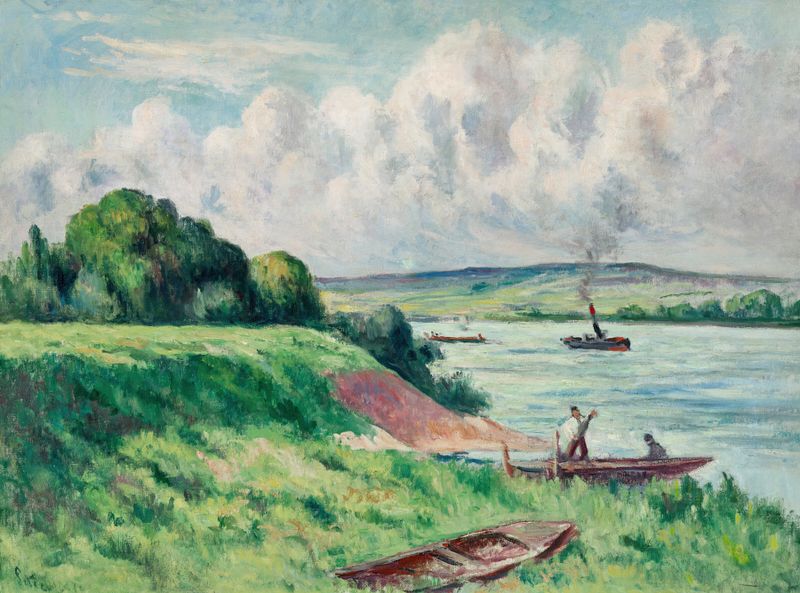 Rolleboise, barques et remorqueur sur le fleuve de Maximilien Luce, óleo sobre lienzo