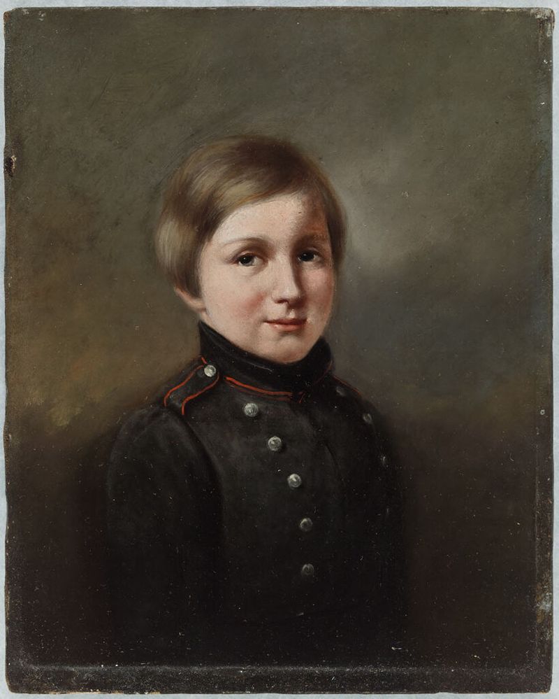 Retrato de um Menino de Walter Libbey, óleo sobre tela, apresentando a expressão suave de um menino e luz suave.