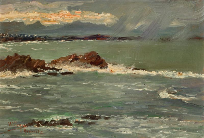 Marine scene depicting coastline and waves by José Villegas Cordero, oil painting