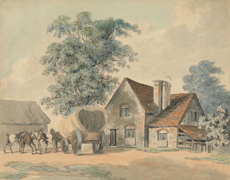 Horses and Wagon Outside a Cottage by Samuel Howitt, genre scene