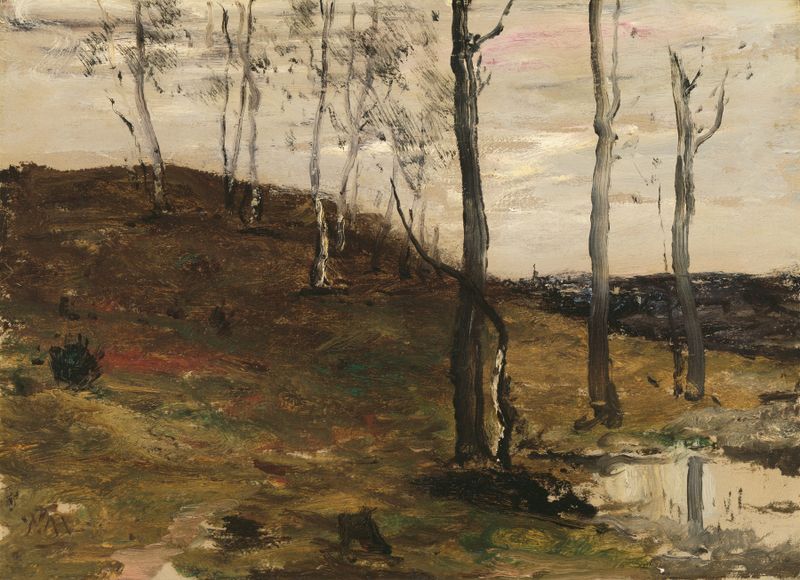 Hillside with Trees by William Morris Hunt, oil painting depicting a lush green landscape with trees.