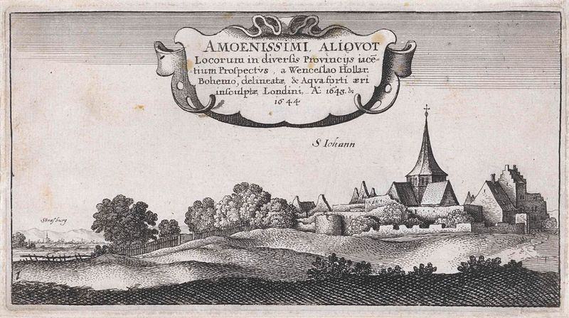 Landschap nabij Straatsburg de Wenceslaus Hollar, grabado de colinas distantes bajo luz dorada.