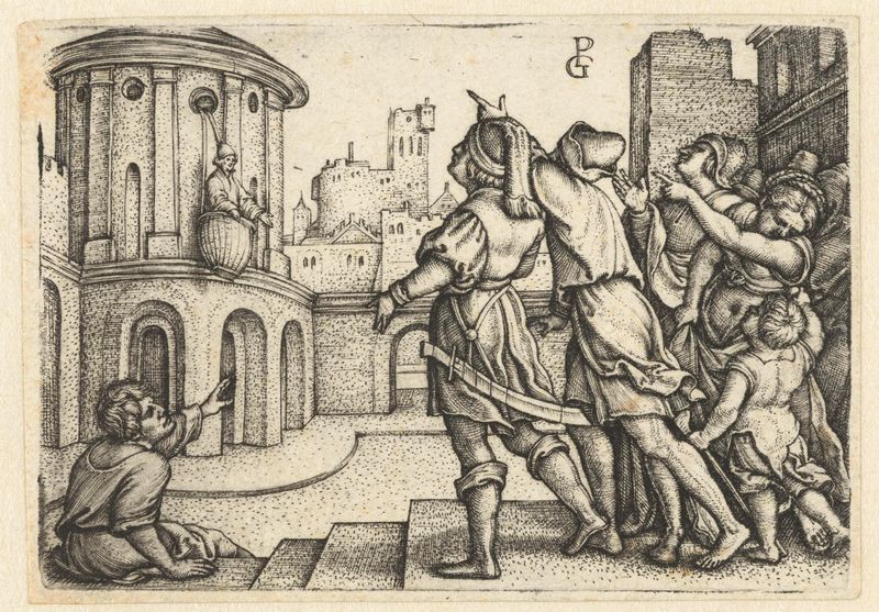 Gravura de Georg Pencz mostrando uma figura cercada por uma multidão zombeteira