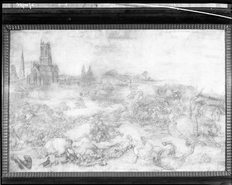 Óleo sobre painel de Pieter Snayers retratando uma cena de batalha com soldados e uma cidade ao fundo.