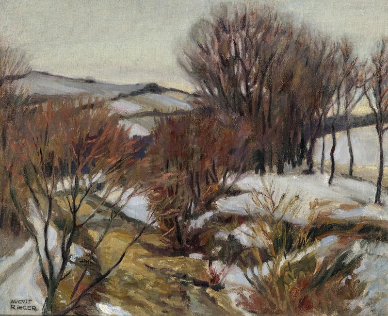 Weidlingbach cerca de Klosterneuburg, óleo sobre lienzo de August Rieger, representando un río y un bosque frondoso.