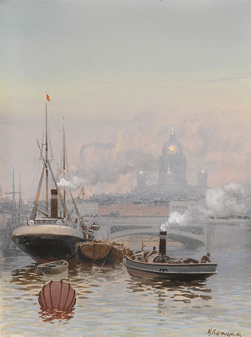 View Of Kazan Cathedral From The Neva de Karl Eduardovich Geftler, óleo que muestra una catedral junto al río.