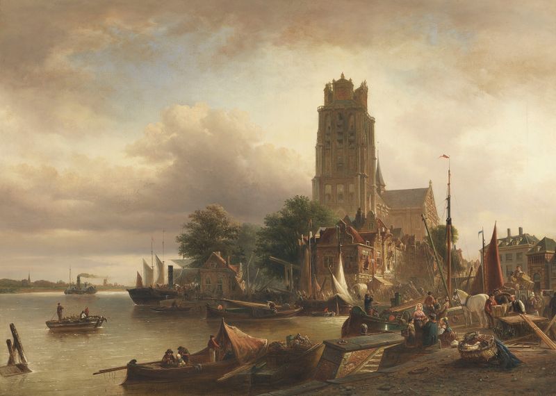 Architecture of Dordrecht with the Grote Kerk, oil painting by Elias Pieter van Bommel