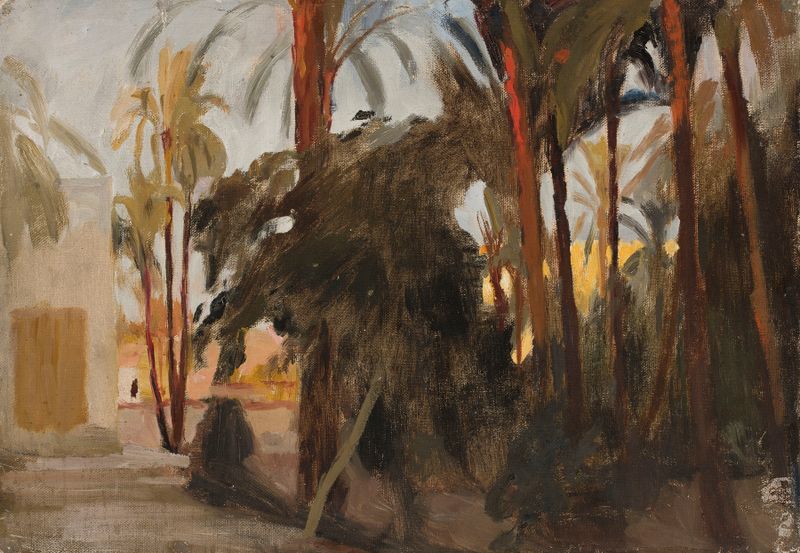 Figura desnuda descansando sobre una piedra en un oasis desértico, Jan Ciągliński, pintura al óleo
