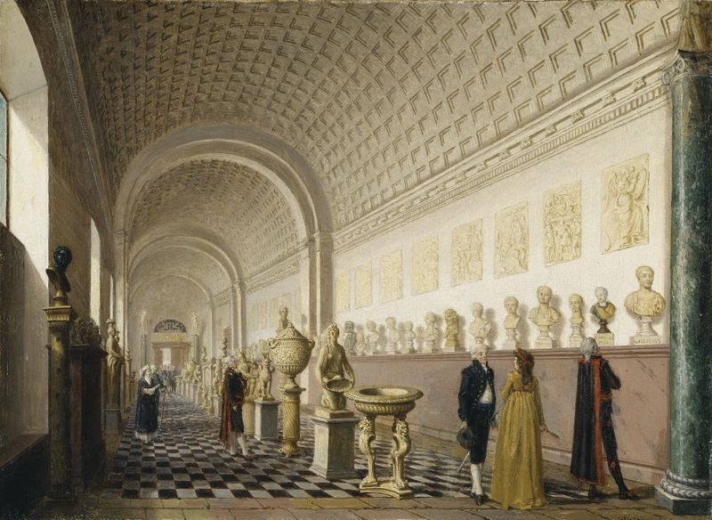 Interior scene with figures conversing, oil on canvas by Pehr Hilleström