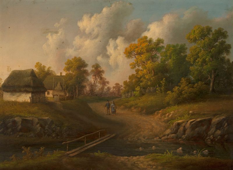 Paisagem rural de Edward Drdacki, pintura a óleo mostrando colinas e luz do sol.