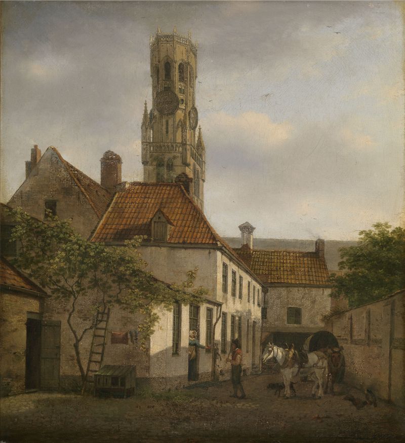Escena interior de un patio en Brujas de Hendrik vn Hulle, óleo
