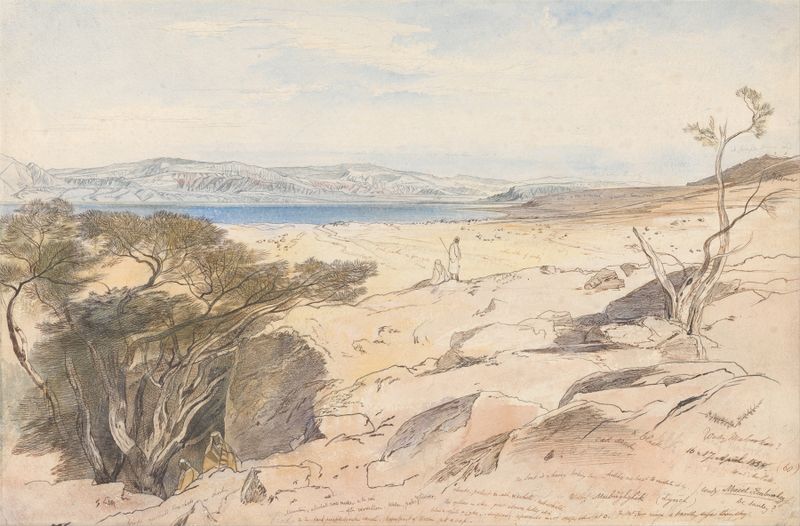 Aquarela de Edward Lear representando a paisagem do Mar Morto com montanhas distantes.