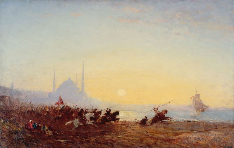 Fantasia À Constantinople de Félix Ziem, óleo sobre tela que retrata uma paisagem serena com minaretes e água.