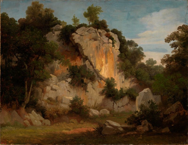 Felswand mit Bäumen und Gesträuch de Johann Wilhelm Schirmer, pintura a óleo que retrata um penhasco acidentado com árvores.