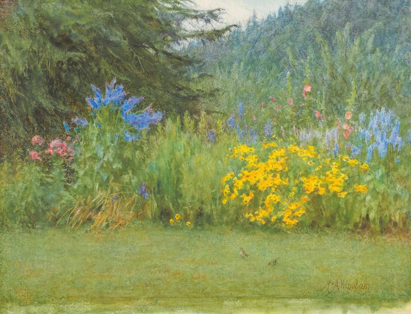 Watercolour by Helen Allingham depicting a woman in a garden with flowers.