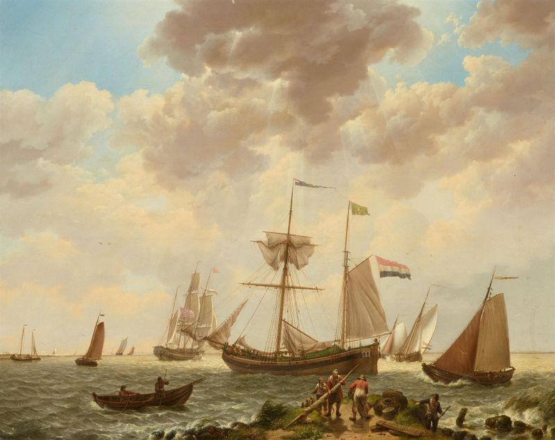 Marine scene with sailboats at sunset, oil painting by Johannes Hermanus Koekkoek