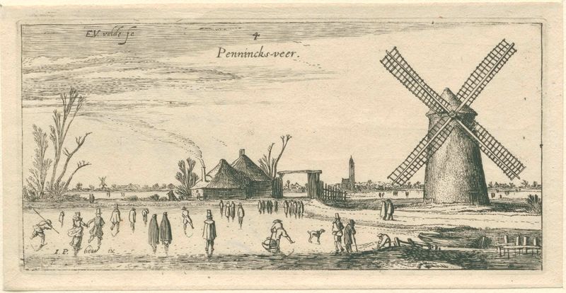 Schaatsers op het ijs bij een molen in de buurt van Penningsveer, etching by Esaias van de Velde