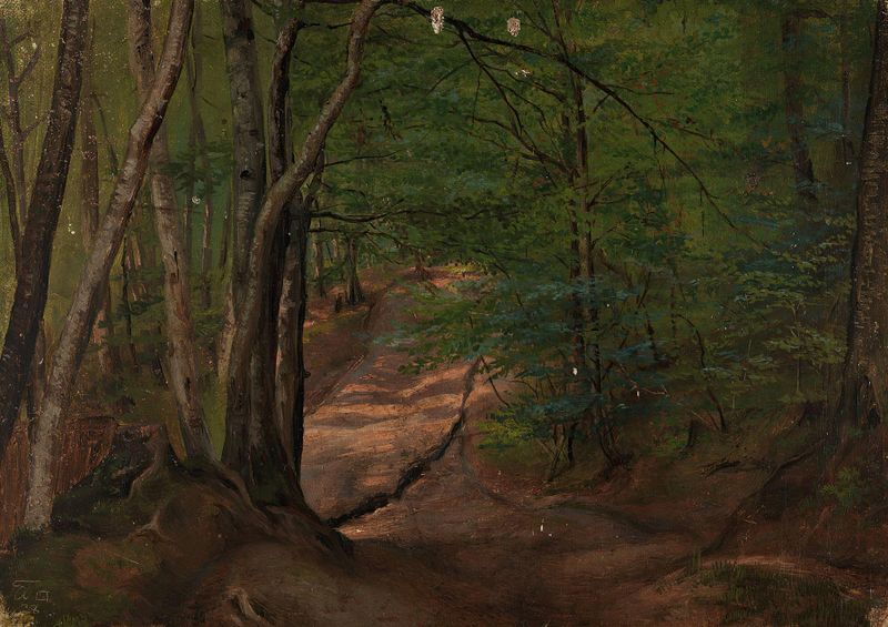 Road in the forest, oil painting by Adolph Tidemand