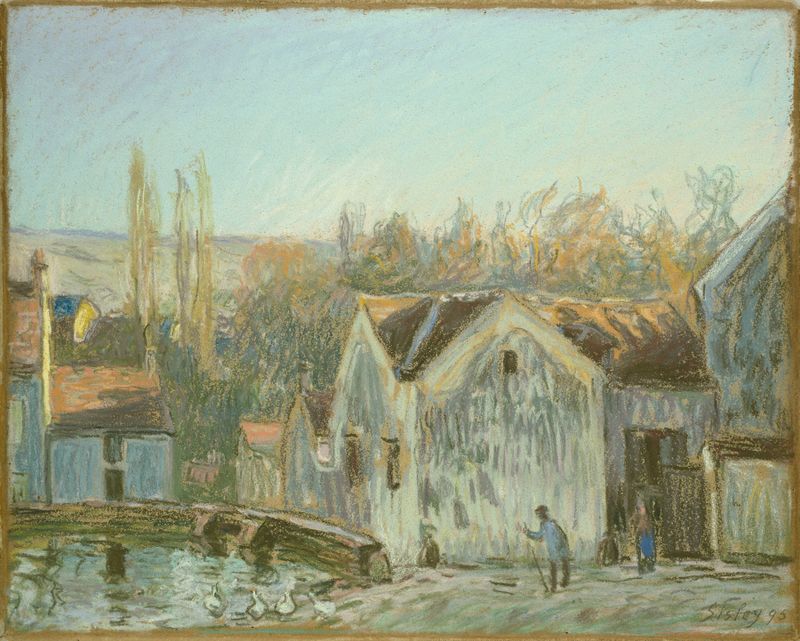 Paisagem com um rio e uma aldeia, pintura a óleo de Alfred Sisley