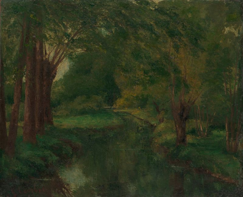 A Brook in a Clearing, pintura al óleo de Gustave Courbet, que presenta un arroyo y un bosque frondoso.