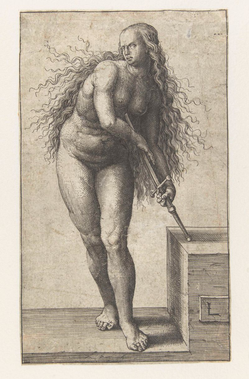 Grabado de Lucas van Leyden que muestra a Lucretia en angustia