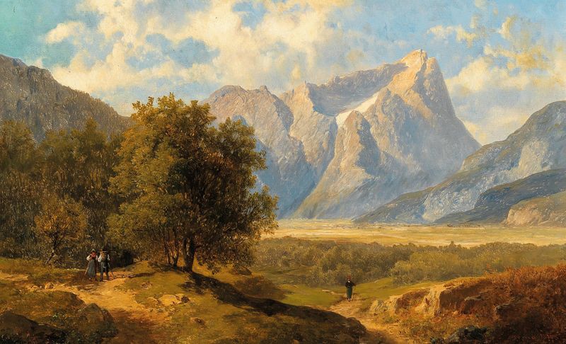Romanticism landscape by Josef Thoma featuring figures overlooking the Dachstein Massif