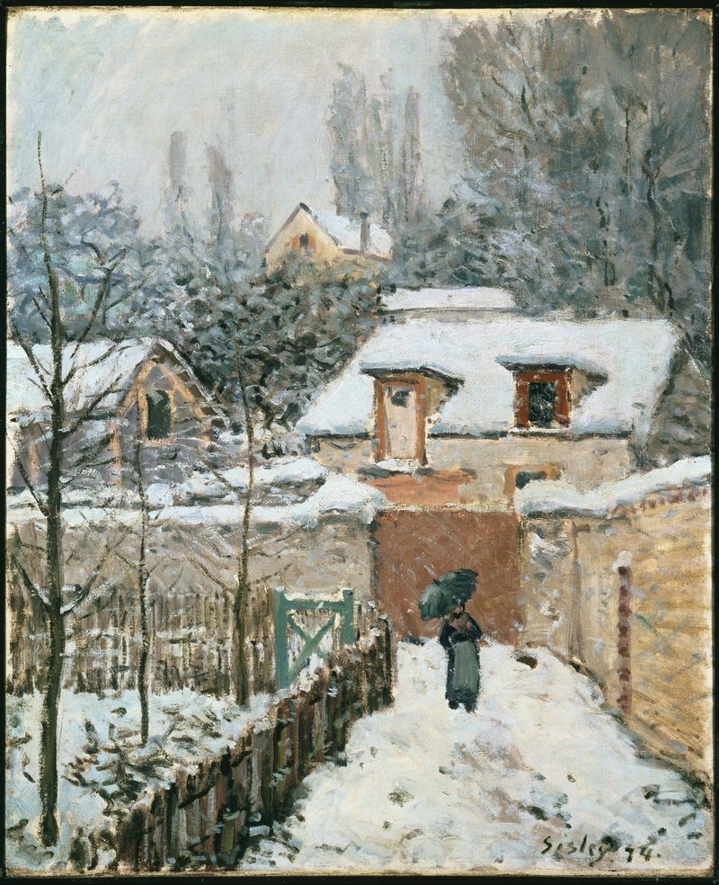 Neve em Louveciennes de Alfred Sisley, pintura a óleo de uma paisagem de inverno com neve e um caminho.