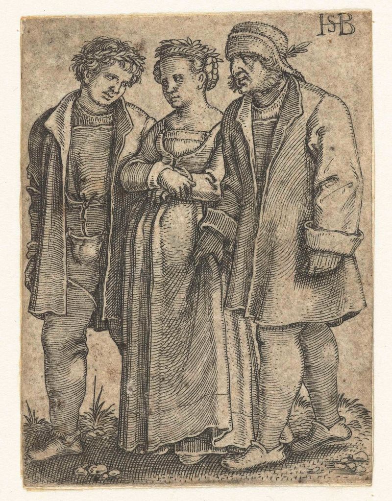 Grabado de Hans Sebald Beham que representa a una novia, un novio y un padre en una boda