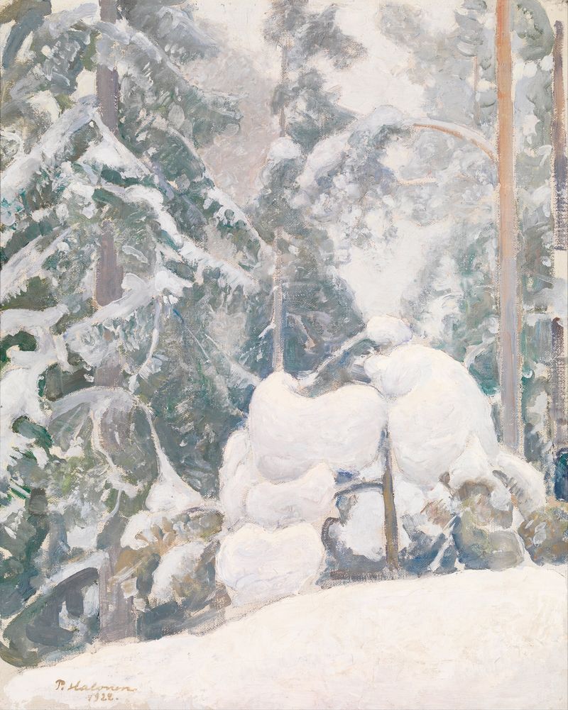 Paisagem de inverno óleo de Pekka Halonen, apresentando solo coberto de neve e floresta sob luz crepuscular.