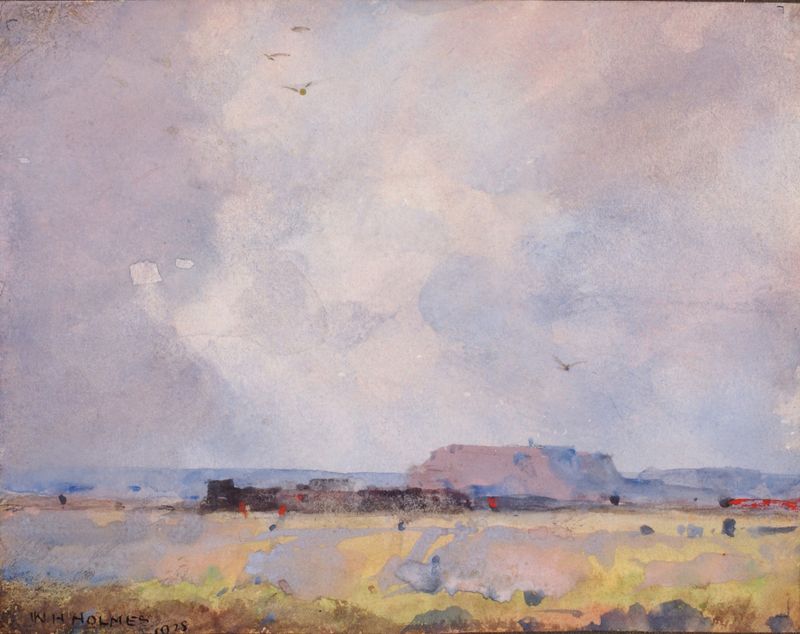 Watercolor on paper by William Henry Holmes depicting a pueblo with hills and sky.