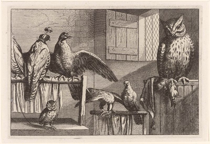 Grabado de Francis Barlow con un pavo real y varios pájaros