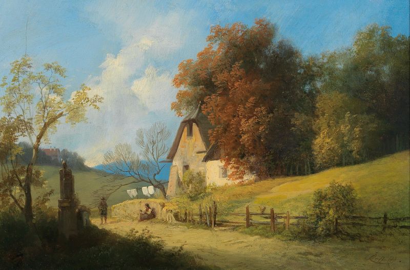 A summer day outdoors, óleo de Ignaz Raffalt, con luz solar en un paisaje verde.