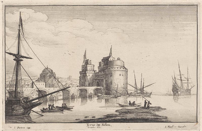 Grabado del Castillo de San Luis en Sidón, Líbano por Wenceslaus Hollar