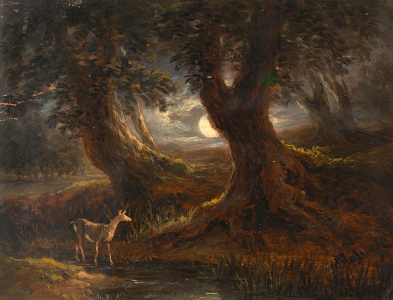 Waldpartie bei Mondlicht by Joseph Mössmer, oil on canvas, depicting a moonlit forest with a solitary figure.