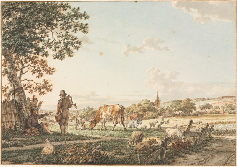 Paisagem pastoral com vila, óleo sobre tela de Jacob Cats