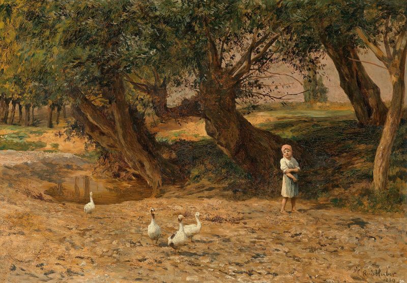 Das kleine Gänseliesel unter Weiden by Carl Rudolf Huber, genre scene with a girl among willows.
