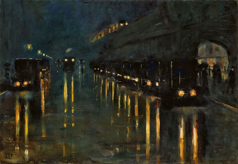 Paisaje nocturno de Lesser Ury, pintura al óleo que muestra figuras iluminadas y luz de luna.