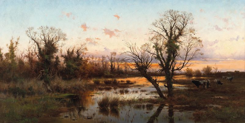 Water buffalos in twilight, oil on canvas by Pietro Barucci