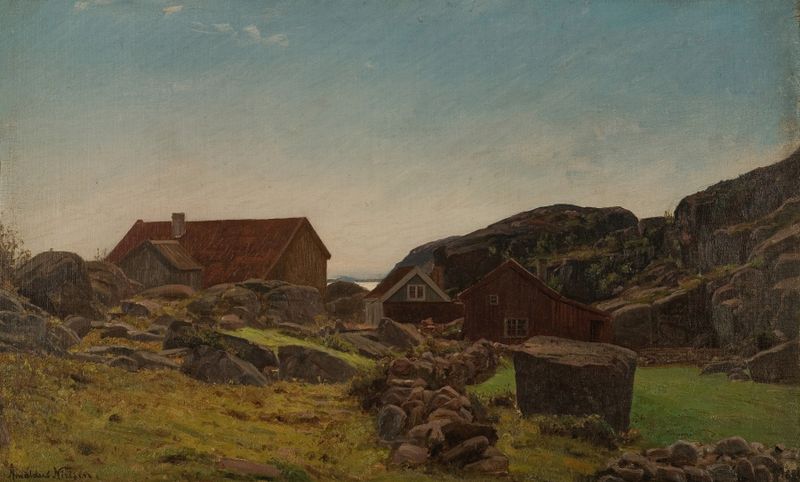 Paisagem com flores silvestres e árvores, pintura a óleo de Amaldus Nielsen