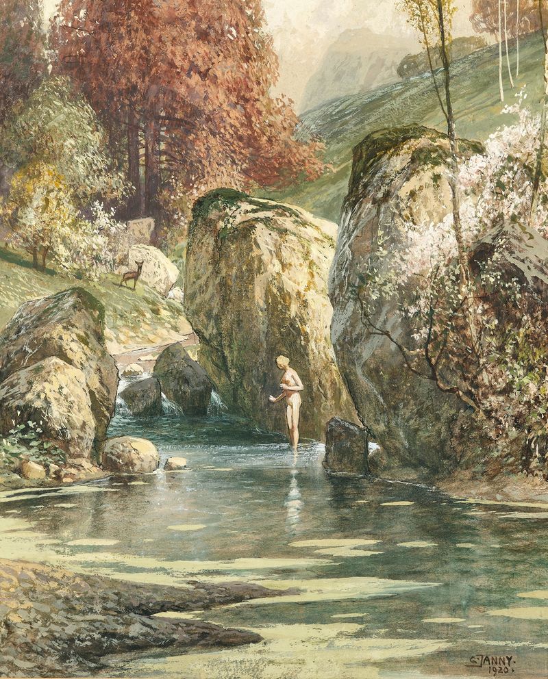 Banhos em um riacho de montanha de Georg Janny, Impressionismo