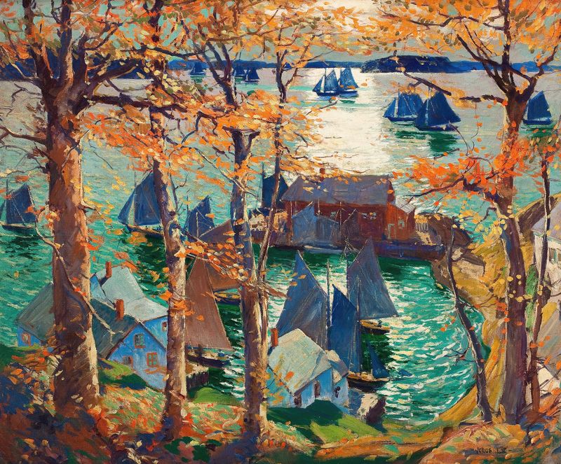 Marine scene with swirling waves in blue and green by Jonas Lie, oil painting