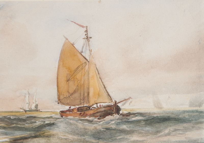 Jakt under segel de Bror Jacob Adelborg, óleo sobre lienzo que representa un pequeño barco navegando al amanecer.