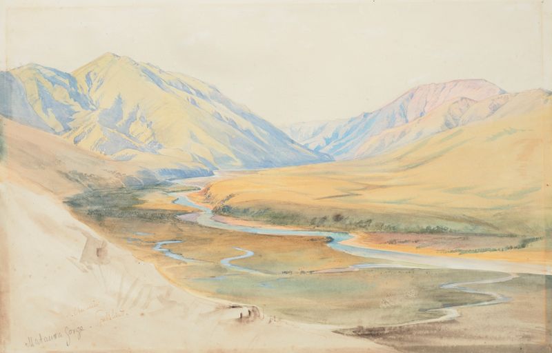 Mataura Gorge, Southland de Nicholas Chevalier, pintura a óleo que retrata uma paisagem fluvial exuberante.